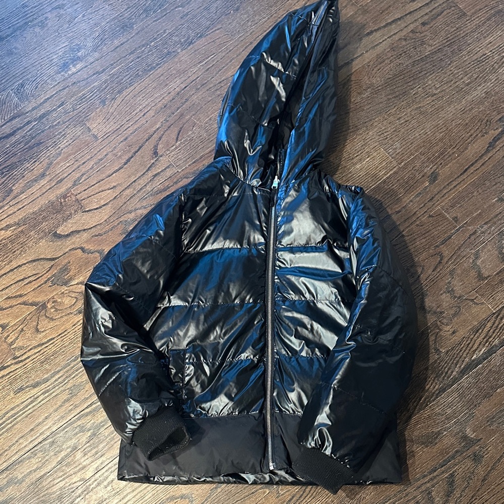 J.Crew jcrew Shiny Black Hooded Puffer Jacket reversible xl Sam. Garbage bag
